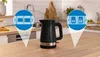 A black Bosch electric kettle is shown on a wooden countertop in a kitchen setting. Two circular overlays with diagrams are present, one on the left showing toaster dimensions and another on the right showing coffee maker dimensions. Anteprima dell’immagine prodotto