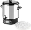 A stainless steel electric canning pot with a black lid and control panel, shown with a white plastic rack next to it, on a white background. Podgląd zdjęcia produktu