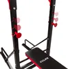 A close-up view of a black and red power tower dip station with adjustable red pegs. Produktbild-Vorschau