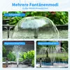 A collage of images showing different fountain spray patterns and a close-up of a water dome effect, set against a garden background. Produktbild-Vorschau