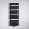 A black radiator mounted on a white wall. Produktbild-Vorschau