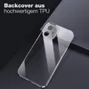 A clear phone case is shown on a dark, angled surface, with text overlayed at the top. Produktbild-Vorschau