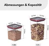 Two clear plastic food storage containers with red lids, one filled with chickpeas and the other with mixed nuts and dried fruit. Dimensions are shown with measurement lines and text. Produktbild-Vorschau