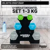 A set of dumbbells on a rack, with a water bottle and towels in the background. Produktbild-Vorschau
