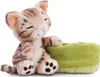 A plush toy cat is sitting next to a green plush bowl. Produktbild-Vorschau