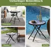 Collage showing a round folding table in different settings: indoors in a living room, outdoors on a patio with a rocking chair, and by a swimming pool with drinks. Podgląd zdjęcia produktu