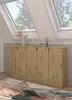 A wooden cabinet with multiple doors is placed in a room with skylights and a patterned rug in front of it. Produktbild-Vorschau