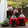 Several glass carboys filled with dark liquid, decorated with red ribbons, are arranged on a wooden table outdoors, with grapes and elderberries nearby. Produktbild-Vorschau