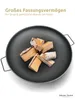 A black metal fire bowl filled with firewood, presented on a white background with marketing text above. Produktbild-Vorschau