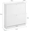 A white shoe cabinet with two flip-down doors, shown from the front with dimensions indicated. Produktbild-Vorschau