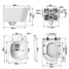 Technical drawings and dimensions of a wall-mounted toilet bowl. Podgląd zdjęcia produktu