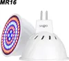 Two MR16 LED grow lights are shown against a white background. One light is angled to show its reflective interior with red and blue LEDs, while the other is shown from the side, revealing its base and plug. Produktbild-Vorschau