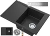 A black composite kitchen sink with a drainboard and accessories, presented in a studio setting. Podgląd zdjęcia produktu