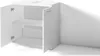 A white bathroom cabinet with its doors open, showing two shelves inside. The cabinet is positioned against a white wall, with soft lighting creating shadows. Produktbild-Vorschau