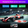 A large TV screen displays a red Formula 1 car on a race track, with a smaller smartphone screen below showing the same image. Three icons representing Airplay, DLNA, and Miracast are displayed above the TV screen. Produktbild-Vorschau