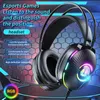 A close-up marketing image of a black gaming headset with RGB lighting, set against a dark, abstract background with hexagonal patterns. Produktbild-Vorschau