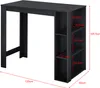 A black bar table with integrated shelving, shown from a slightly elevated side angle with dimensions indicated by red lines and text. Náhled obrázku produktu