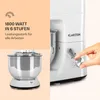 A split image showing marketing text and features on the left, and a close-up of a kitchen mixer being operated on the right. Produktbild-Vorschau