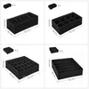 A collage of four black fabric drawer organizers with different compartment configurations. Produktbild-Vorschau