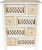 A white wooden chest of drawers with eight drawers, some of which have macrame detailing. Voir les images du produit