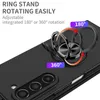 A black phone case with a rotating ring stand is shown, with text highlighting its features. Produktbild-Vorschau