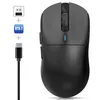 A black wireless gaming mouse with a USB-C cable and icons indicating wireless connectivity options (USB dongle and Bluetooth 5.1). Produktbild-Vorschau