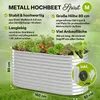 A metal raised garden bed filled with plants, with text overlays describing its features and dimensions. Produktbild-Vorschau