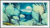A surreal landscape painting with a large moon in the sky, framed by stylized trees and a group of small figures in the foreground. Voir les images du produit