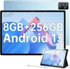 A light blue tablet is shown in the foreground with a larger tablet in the background. Text overlays highlight product specifications. Produktbild-Vorschau