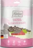 A bag of cat treats with a cartoon illustration of a cat, a barn, and mountains. Produktbild-Vorschau