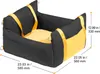 A black and yellow dog car seat with dimensions indicated by dashed lines and text. Náhled obrázku produktu