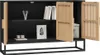 A black sideboard with two wooden slatted doors, displaying books and decorative items on its shelves. Náhled obrázku produktu