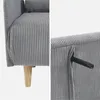 A collage showing two close-up views of a light gray corduroy sofa. The left side shows the side of the sofa with its wooden leg. The right side shows a close-up of the back of the sofa with a black lever protruding from a slit in the fabric. Anteprima dell’immagine prodotto