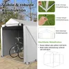 A garage tent with a bicycle inside, surrounded by outdoor elements and detailed diagrams of its construction. Podgląd zdjęcia produktu
