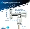 A close-up marketing image of a chrome-plated brass angle valve with measurement callouts. Produktbild-Vorschau