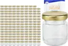 A stack of small glass jars with gold lids and a single jar with a gold lid and a small booklet. Produktbild-Vorschau