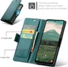 A teal leather wallet-style phone case is open, showing card slots and a phone screen with a landscape image. Produktbild-Vorschau