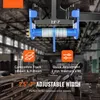 A diagram of a trolley hoist with overlaid text and icons, set against a blurred industrial background. Produktbild-Vorschau