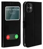 A black flip cover for an Apple iPhone 11 is shown, with a window displaying a simulated incoming call screen and call answer/reject buttons. Anteprima dell’immagine prodotto
