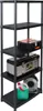 A five-tier black plastic shelving unit with various items stored on it, including toolboxes, a jerrycan, and a cord reel. Produktbild-Vorschau