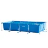 A rectangular blue swimming pool with silver metal supports, filled with water. Produktbild-Vorschau
