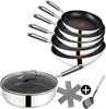 A set of Tefal Jamie Oliver frying pans and a wok, stacked and arranged on a white background, with a single frying pan with a lid in the foreground, and accessories. Produktbild-Vorschau