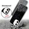 A phone case with glitter is shown on a cracked concrete surface, with a diagram illustrating its shockproof feature. Náhled obrázku produktu