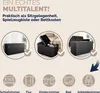 A collage showcasing a black storage bench in different settings and its various uses. Produktbild-Vorschau