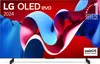 A marketing image for an LG OLED evo TV, featuring abstract colorful ribbons against a red background. Produktbild-Vorschau