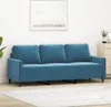 A blue velvet three-seater sofa in a room with a painting on the wall and a dresser in the background. Produktbild-Vorschau