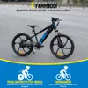 An electric bicycle is shown in an outdoor setting, with text overlays describing its features and modes. Produktbild-Vorschau