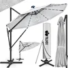 A collage of images showcasing a gray cantilever umbrella with solar lights, its cover, and a folded umbrella. Voir les images du produit