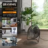 A black fan is placed on a wooden floor in front of a window with greenery outside. The left side of the image contains marketing text and lifestyle images of rooms. Náhled obrázku produktu