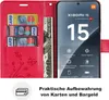 A red wallet-style phone case with a Xiaomi 15 phone inside, showing credit cards and cash slots. Produktbild-Vorschau